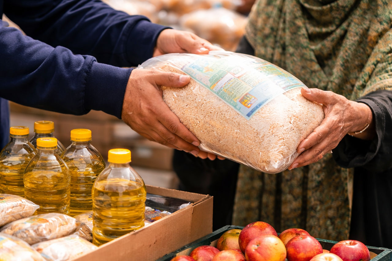 Volunteer distributing food aid to a vulnerable family as part of Islamic charity work