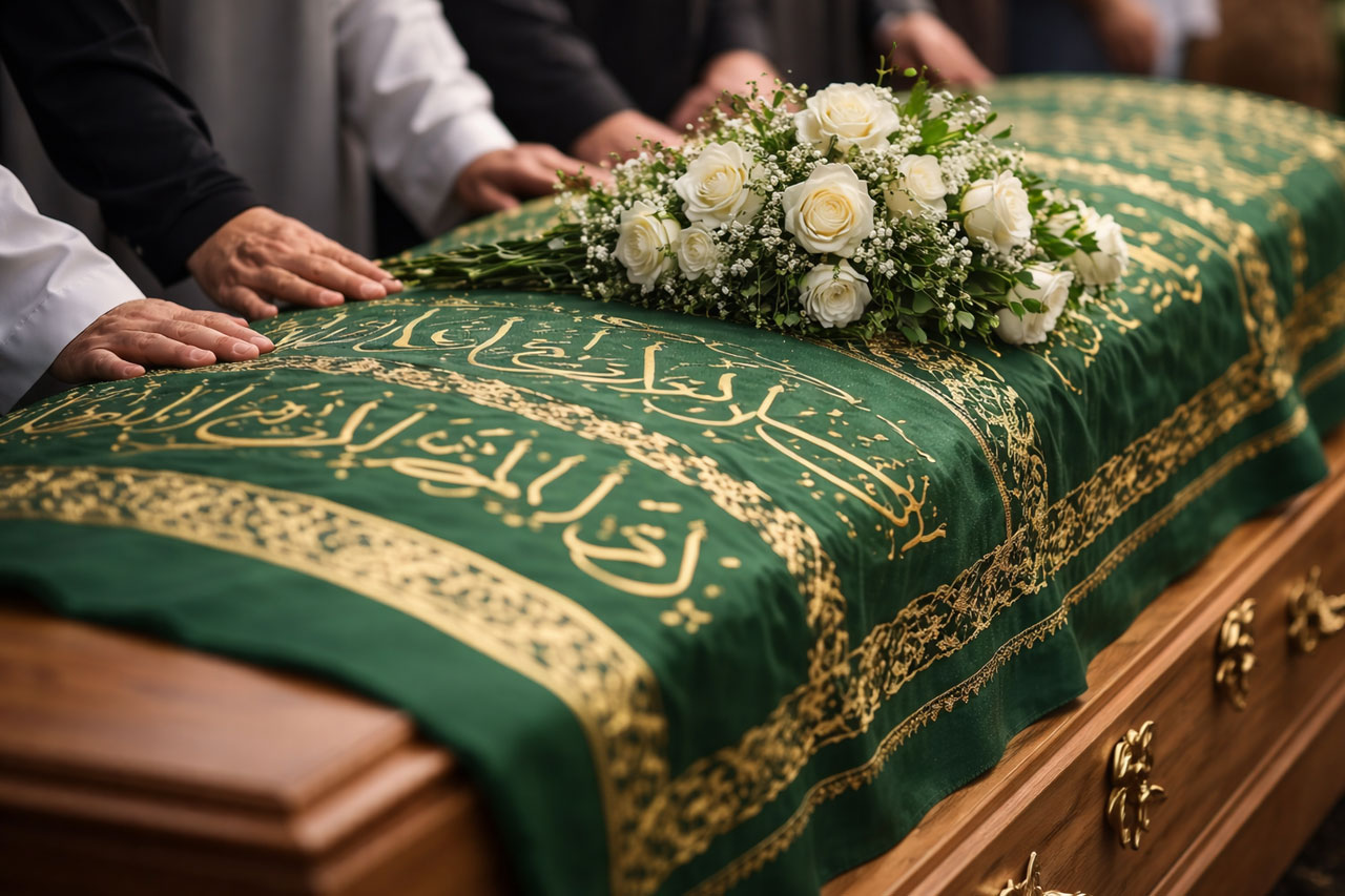 Janazah facilities at Al Hikmah Masjid in Bradford, showing a traditional Islamic coffin prepared for funeral prayers
