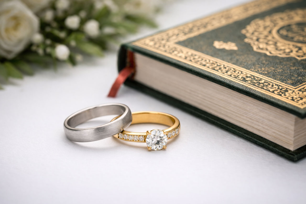 Gold and silver marriage rings placed beside the Qur’an representing a Nikah service in Bradford