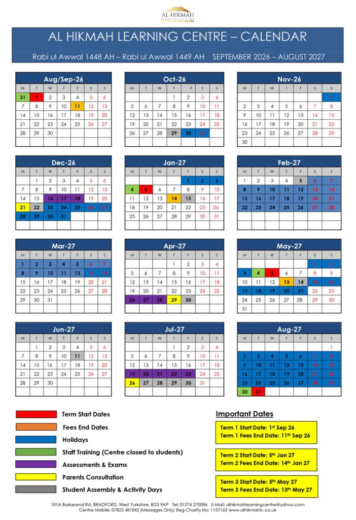 Academic Calendar 2026–2027 for Al Hikmah Learning Centre in Bradford showing term dates and holidays