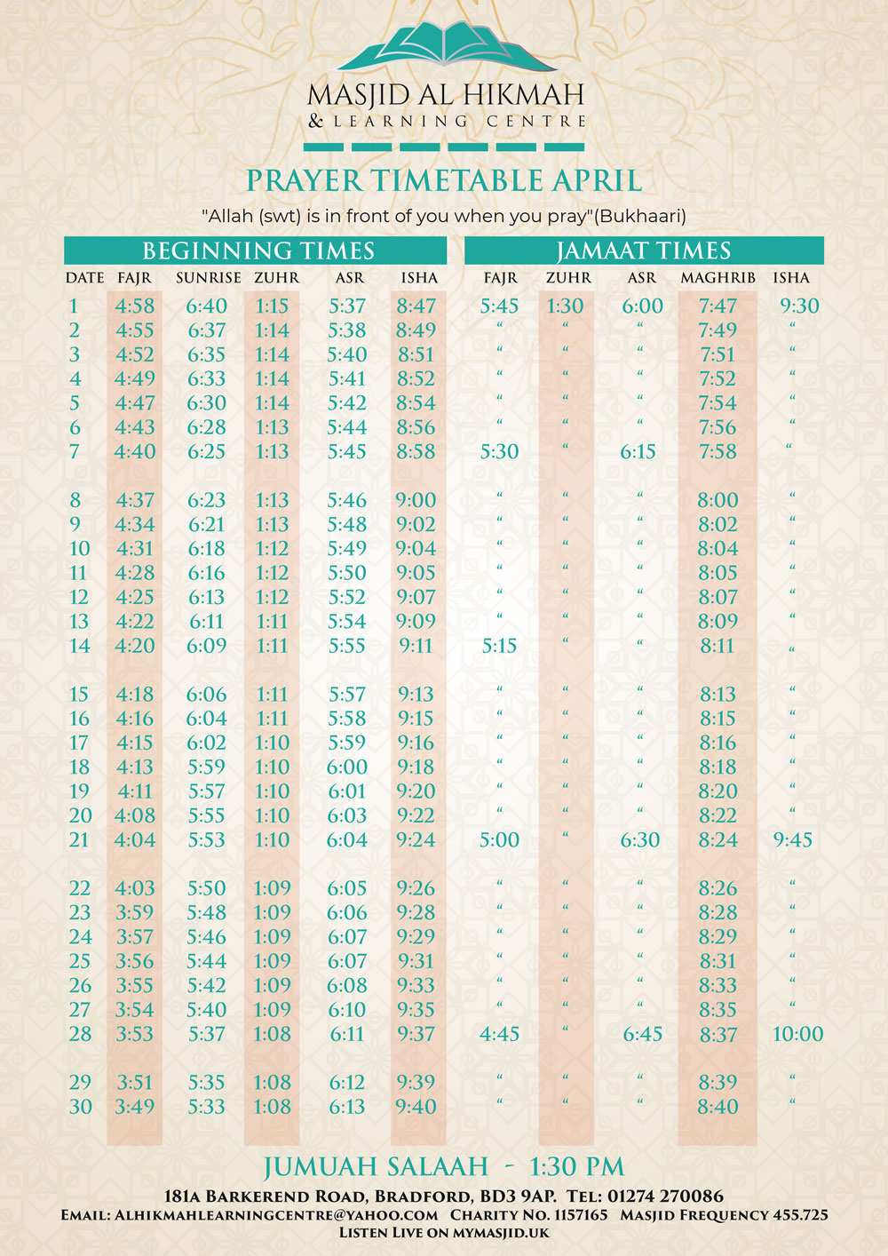 Salah Times Bradford - Al Hikmah Learning Centre