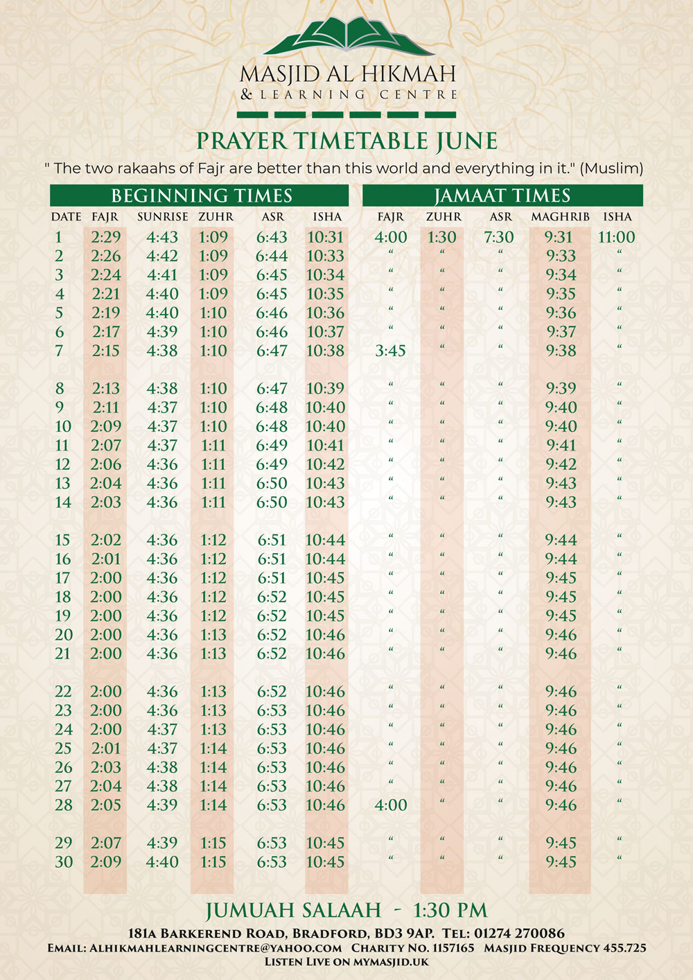 Salah Times Bradford - Al Hikmah Learning Centre